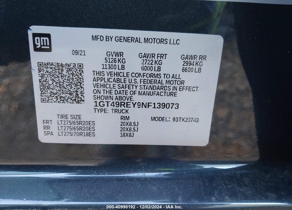 2022 GMC SIERRA 2500HD 4WD  STANDARD BED DENALI VIN: 1GT49REY9NF139073