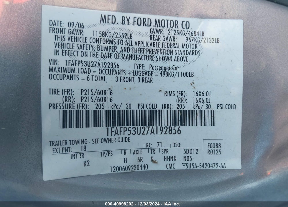 2007 FORD TAURUS SE VIN: 1FAFP53U27A192856