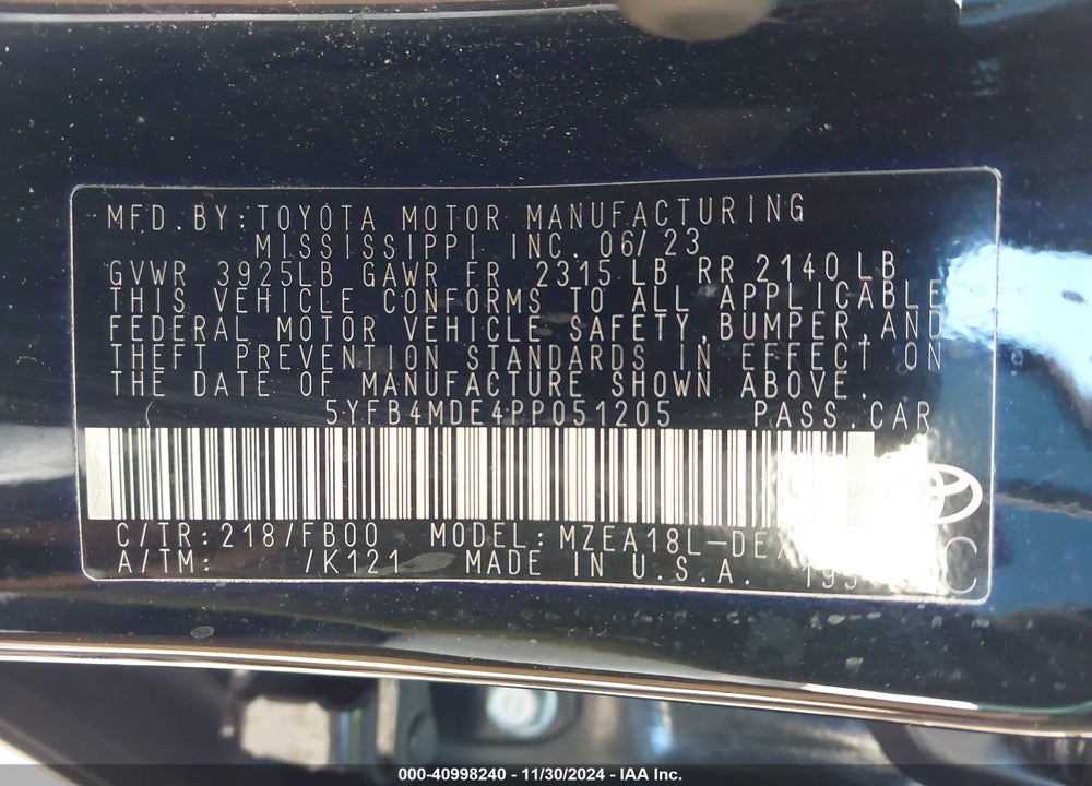 2023 TOYOTA COROLLA LE VIN: 5YFB4MDE4PP051205