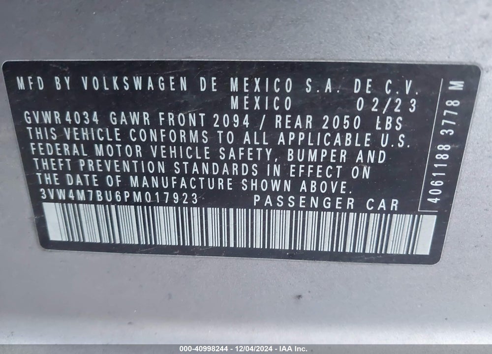2023 VOLKSWAGEN JETTA VIN: 3VW4M7BU6PM017923