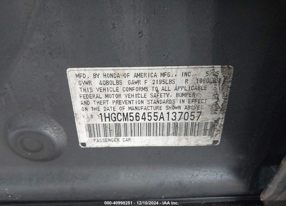 2005 HONDA ACCORD 2.4 LX VIN: 1HGCM56455A137057