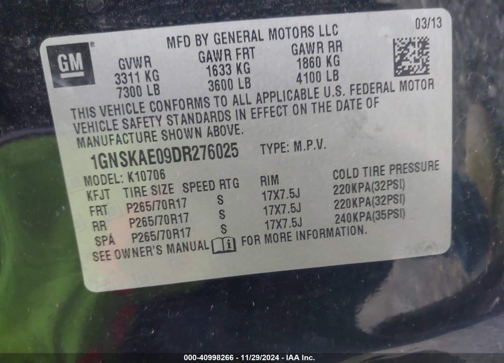 2013 CHEVROLET TAHOE LS VIN: 1GNSKAE09DR276025