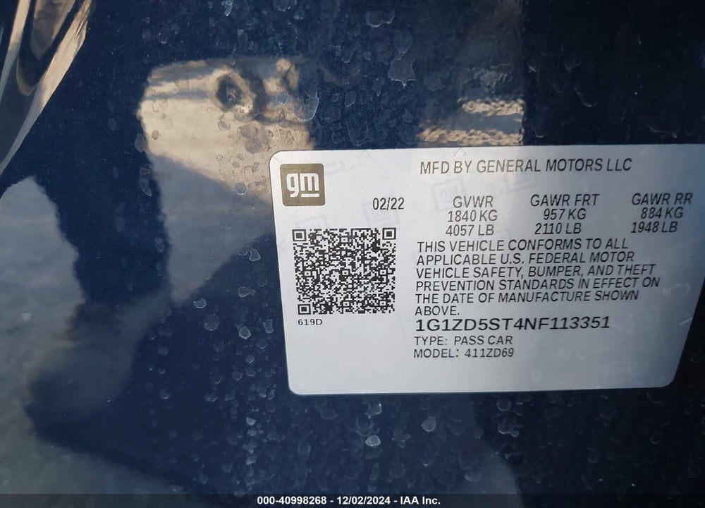 2022 CHEVROLET MALIBU FWD LT VIN: 1G1ZD5ST4NF113351
