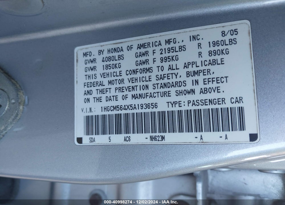 2005 HONDA ACCORD 2.4 LX VIN: 1HGCM564X5A193656