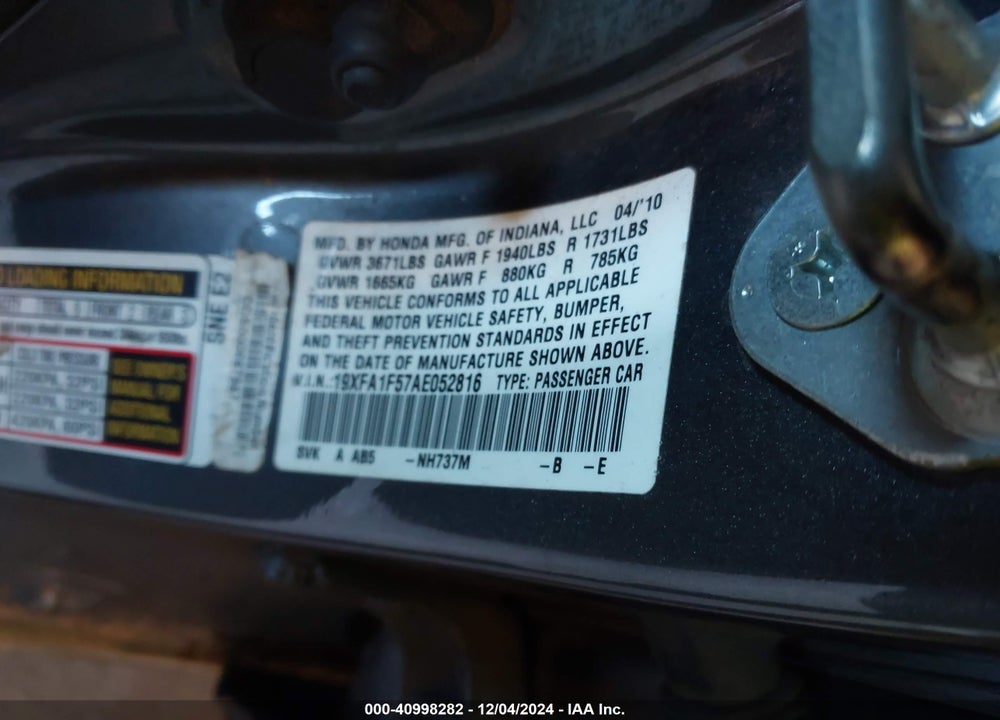 2010 HONDA CIVIC VIN: 19XFA1F57AE052816
