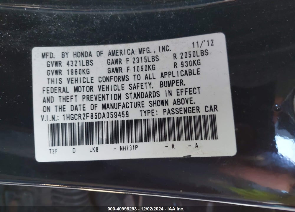 2013 HONDA ACCORD VIN: 1HGCR2F85DA059459