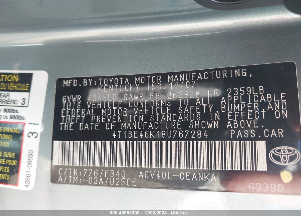 2008 TOYOTA CAMRY VIN: 4T1BE46K18U767284