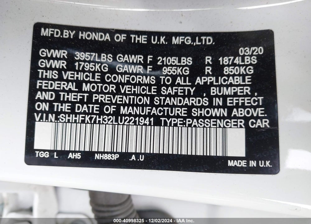 2020 HONDA CIVIC VIN: SHHFK7H32LU221941