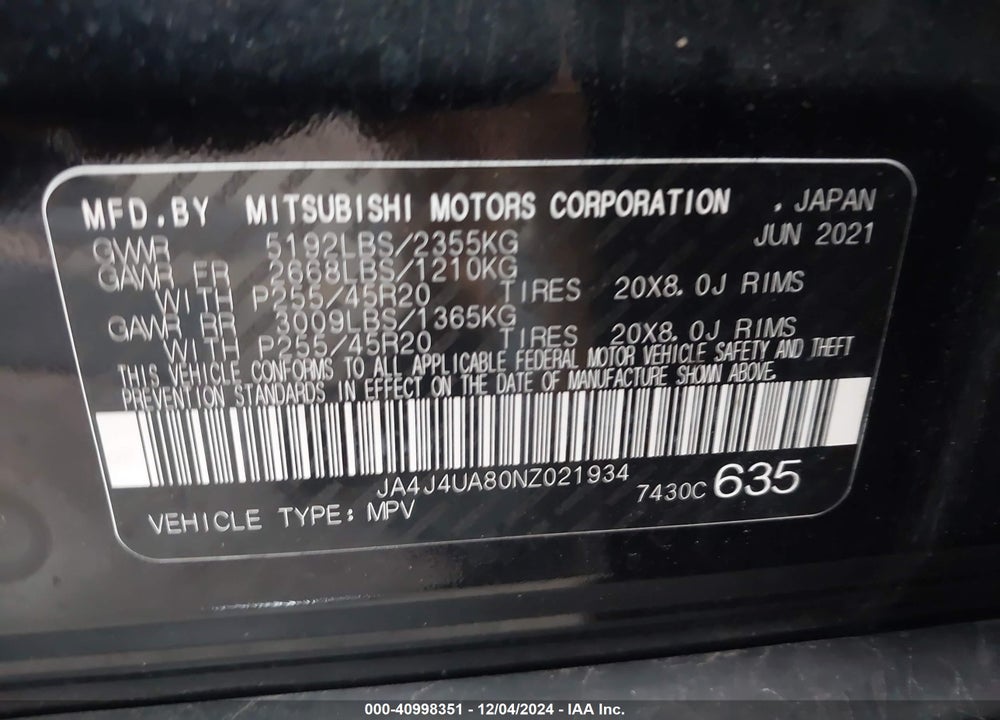 2022 MITSUBISHI OUTLANDER VIN: JA4J4UA80NZ021934