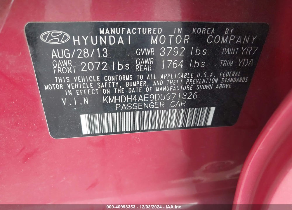 2013 HYUNDAI ELANTRA GLS VIN: KMHDH4AE9DU971326