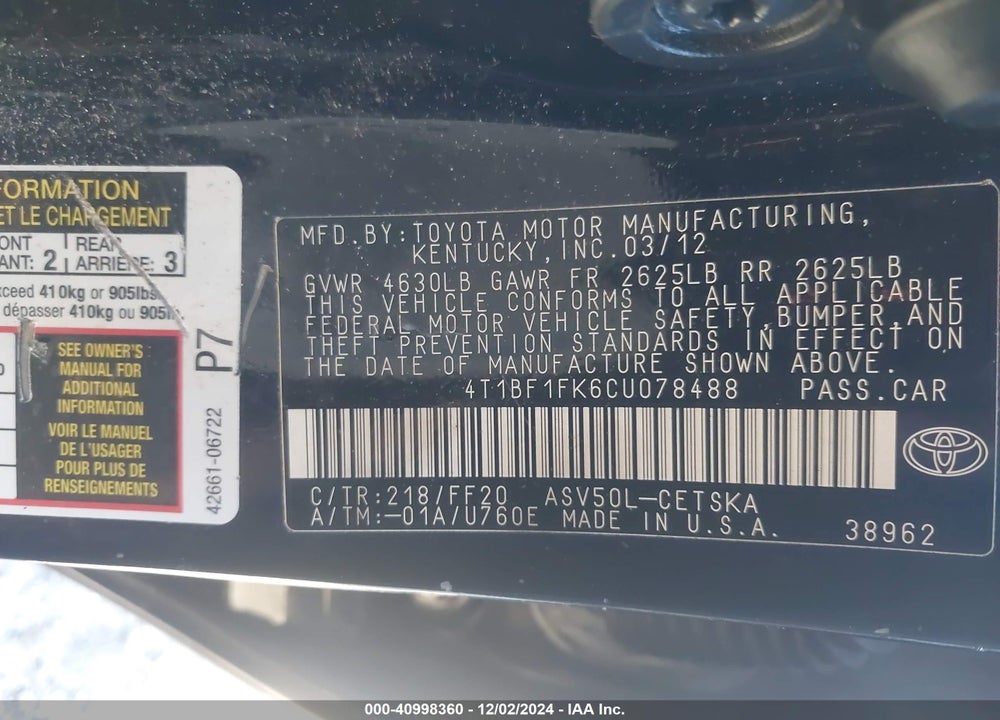 2012 TOYOTA CAMRY SE VIN: 4T1BF1FK6CU078488