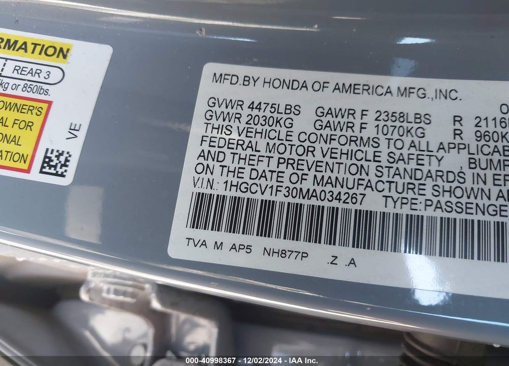 2021 HONDA ACCORD SPORT VIN: 1HGCV1F30MA034267
