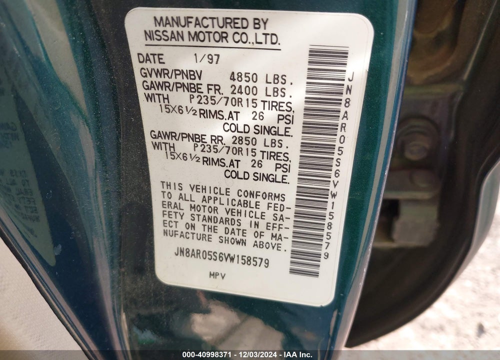 1997 NISSAN PATHFINDER LE/XE VIN: JN8AR05S6VW158579