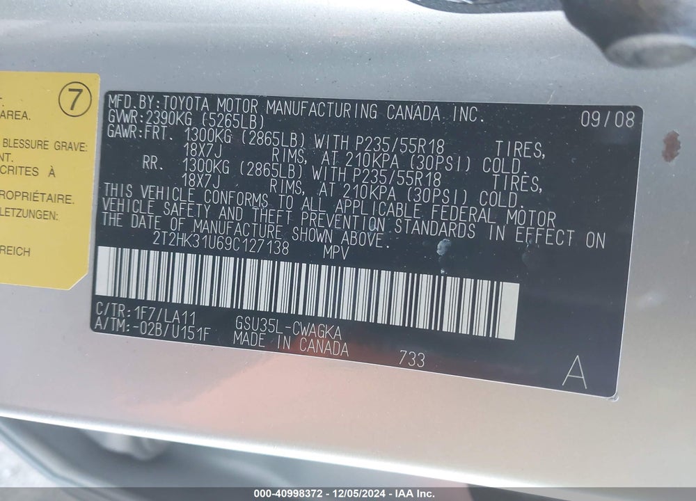 2009 LEXUS RX 350 VIN: 2T2HK31U69C127138