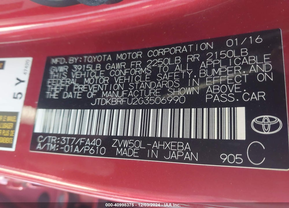 2016 TOYOTA PRIUS TWO VIN: JTDKBRFU2G3506990