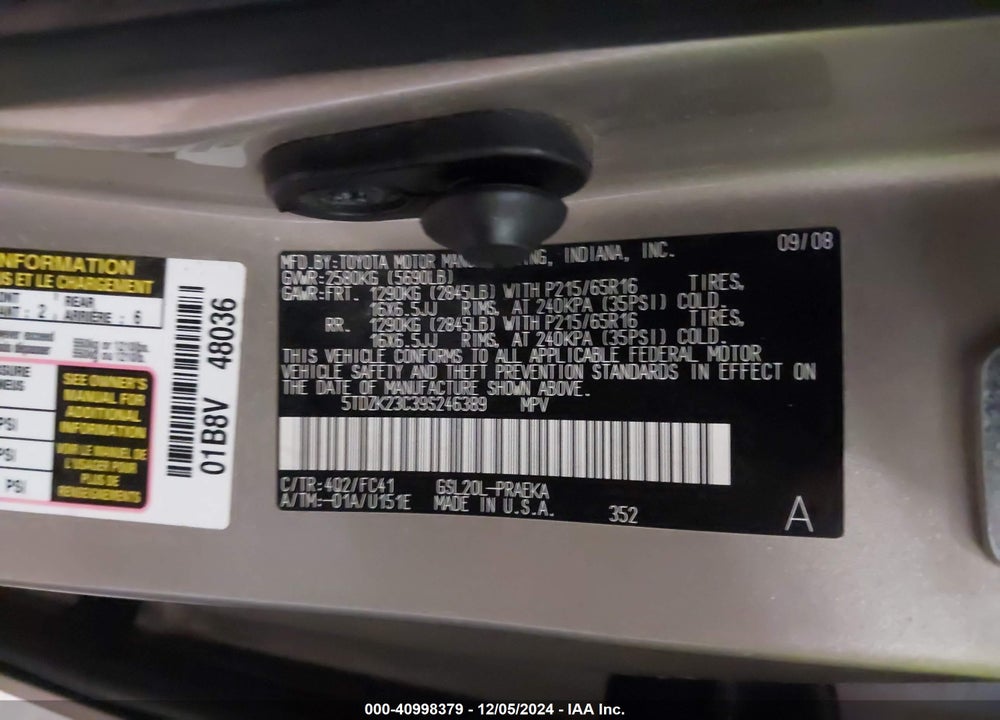 2009 TOYOTA SIENNA LE VIN: 5TDZK23C39S246389