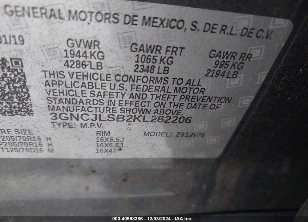 2019 CHEVROLET TRAX LT VIN: 3GNCJLSB2KL262206