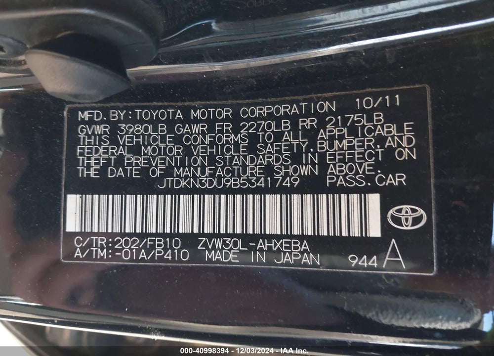 2011 TOYOTA PRIUS VIN: JTDKN3DU9B5341749