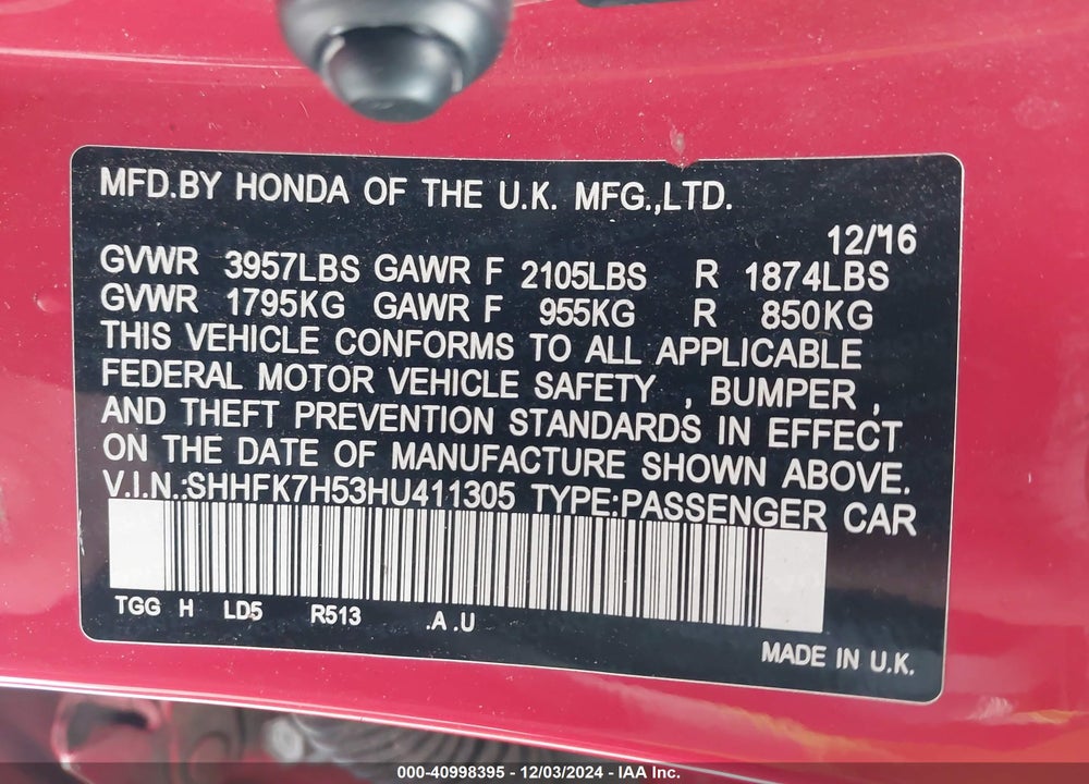 2017 HONDA CIVIC EX VIN: SHHFK7H53HU411305