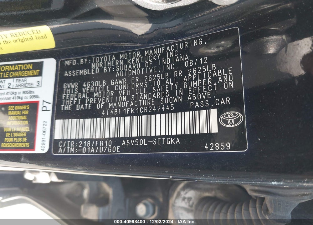 2012 TOYOTA CAMRY XLE VIN: 4T4BF1FK1CR242445