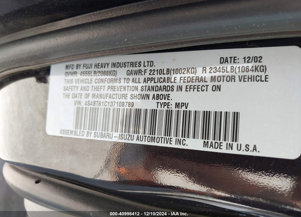 2003 SUBARU BAJA VIN: 4S4BT61C137108789