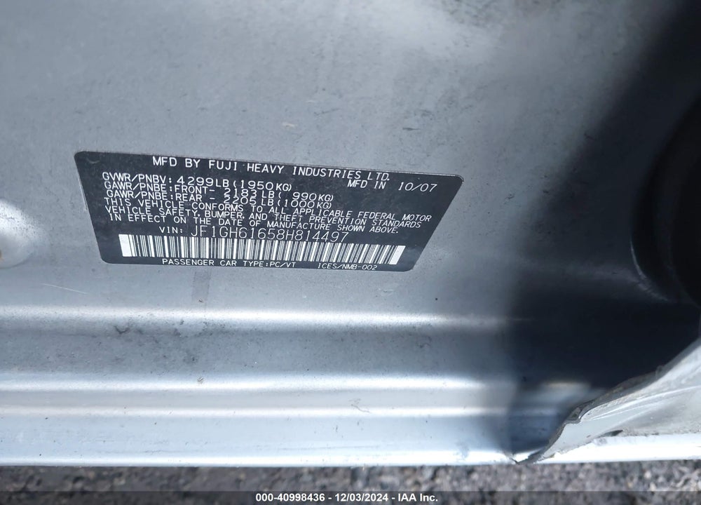 2008 SUBARU IMPREZA 2.5I VIN: JF1GH61658H814497