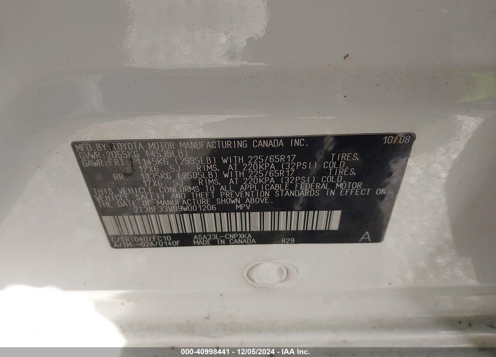 2009 TOYOTA RAV4 VIN: 2T3BF33V09W001206