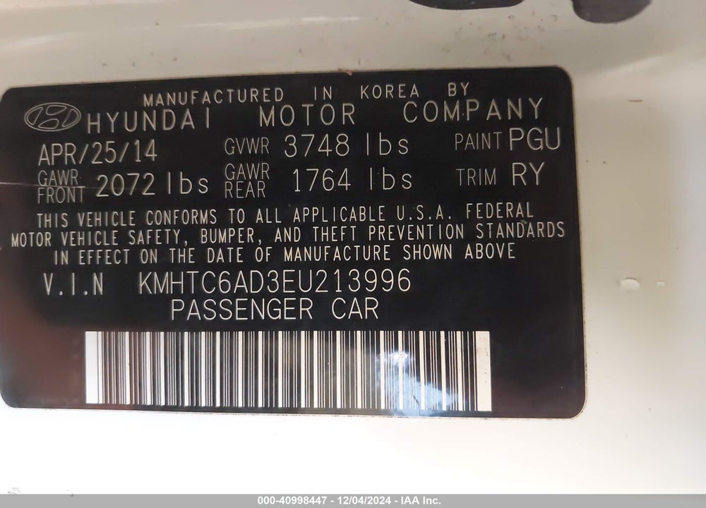 2014 HYUNDAI VELOSTER FLEX W/BLACK VIN: KMHTC6AD3EU213996
