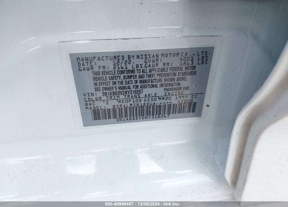 2022 NISSAN SENTRA SR XTRONIC CVT VIN: 3N1AB8DV2NY318267