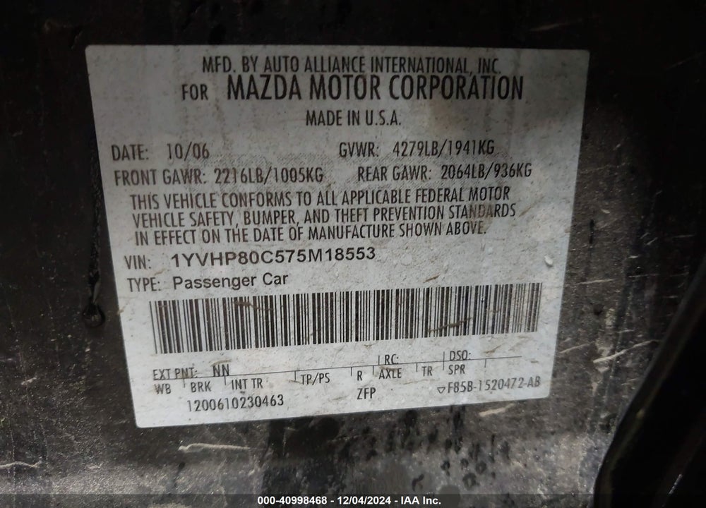 2007 MAZDA 6 I SPORT VIN: 1YVHP80C575M18553