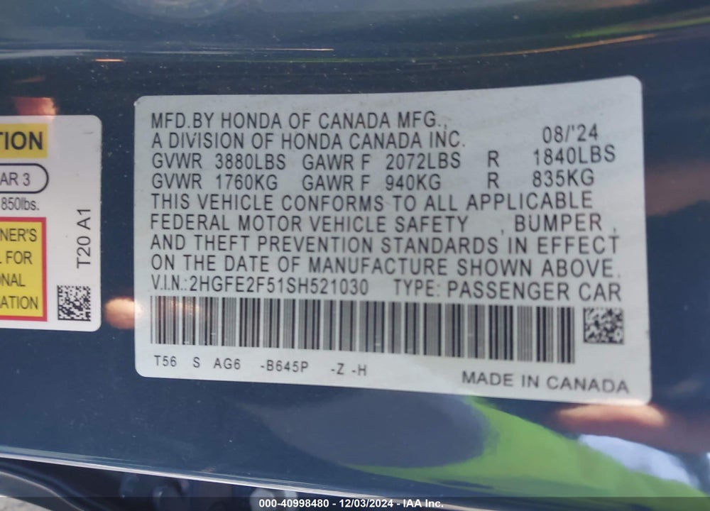 2025 HONDA CIVIC VIN: 2HGFE2F51SH521030