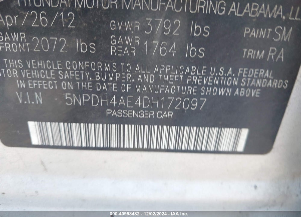 2013 HYUNDAI ELANTRA VIN: 5NPDH4AE4DH172097