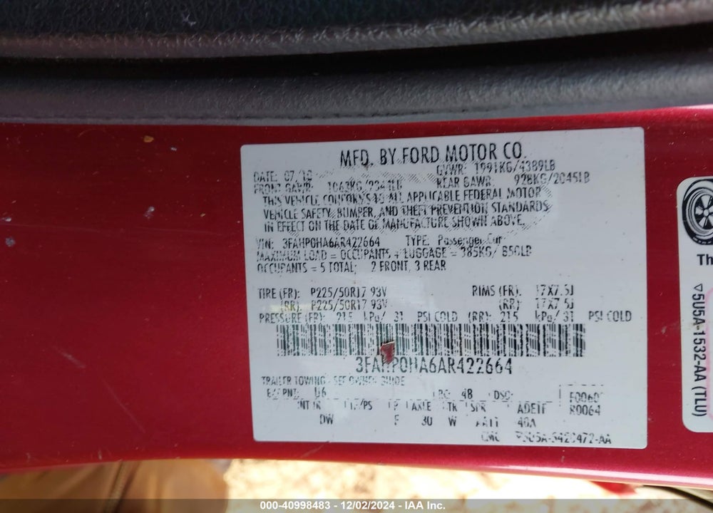 2010 FORD FUSION SE VIN: 3FAHP0HA6AR422664