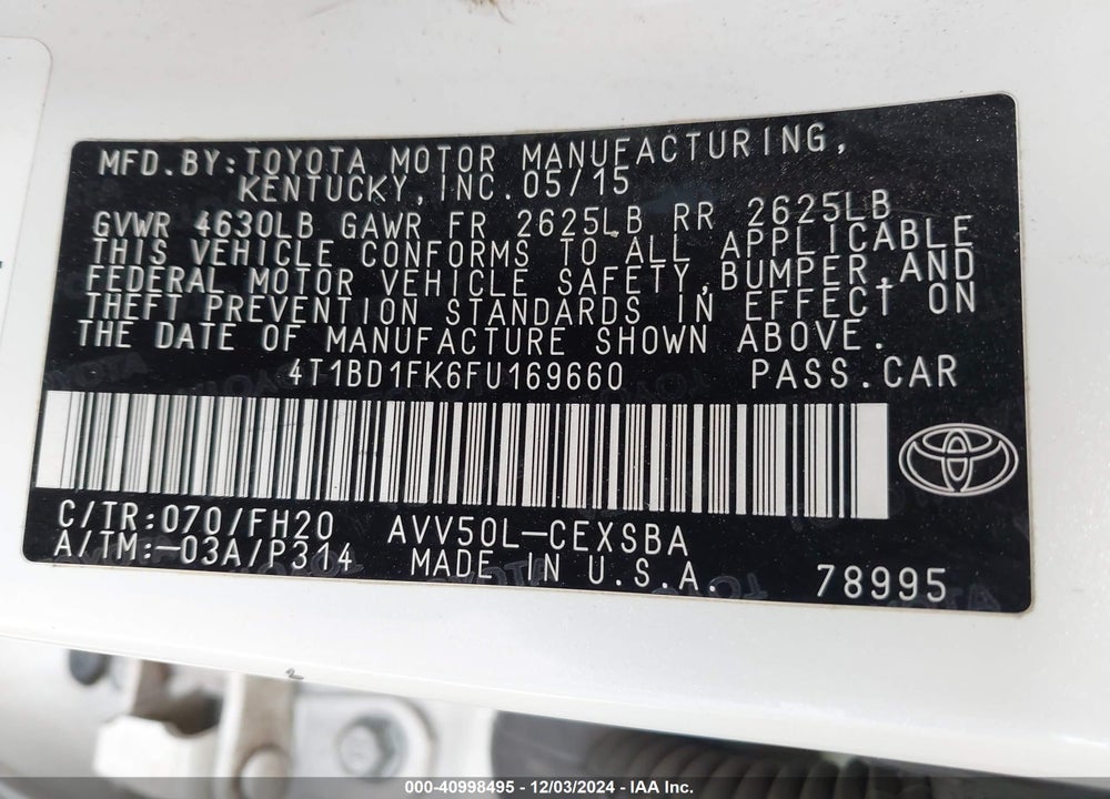 2015 TOYOTA CAMRY HYBRID SE VIN: 4T1BD1FK6FU169660