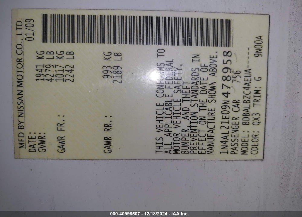 2009 NISSAN ALTIMA 2.5 S VIN: 1N4AL21E09N478958