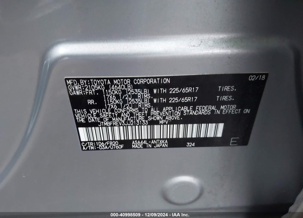 2018 TOYOTA RAV4 LE VIN: JTMBFREV3JJ213133