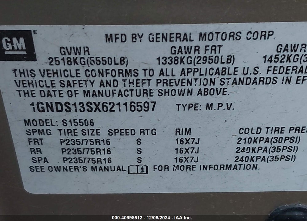 2006 CHEVROLET TRAILBLAZER LS VIN: 1GNDS13SX62116597