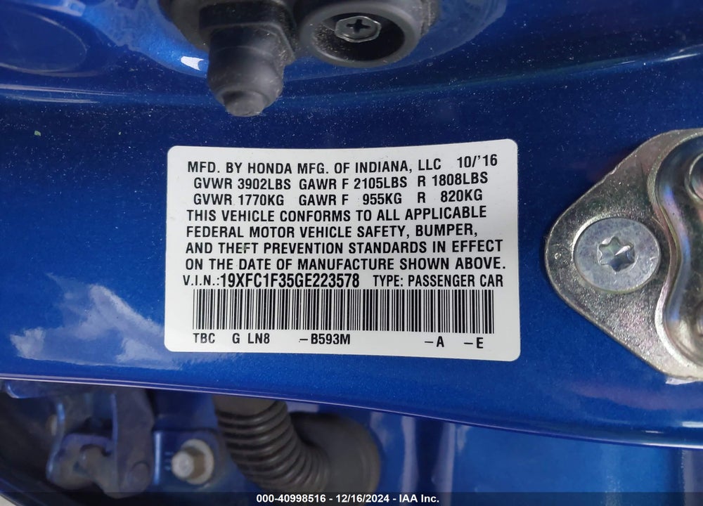 2016 HONDA CIVIC EX-T VIN: 19XFC1F35GE223578