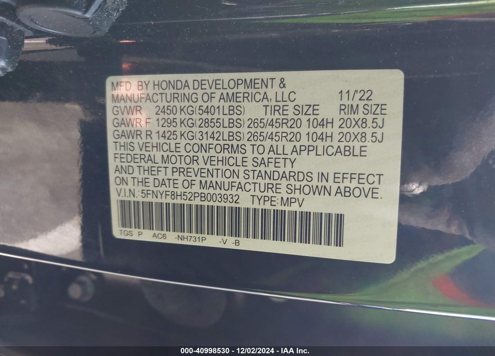 2023 HONDA PASSPORT AWD EX-L VIN: 5FNYF8H52PB003932