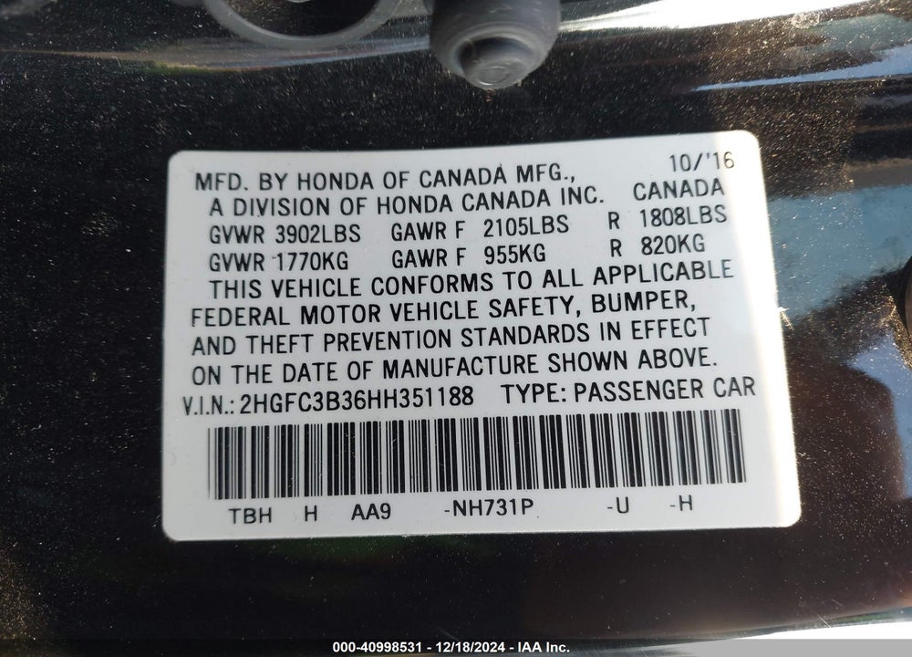 2017 HONDA CIVIC VIN: 2HGFC3B36HH351188