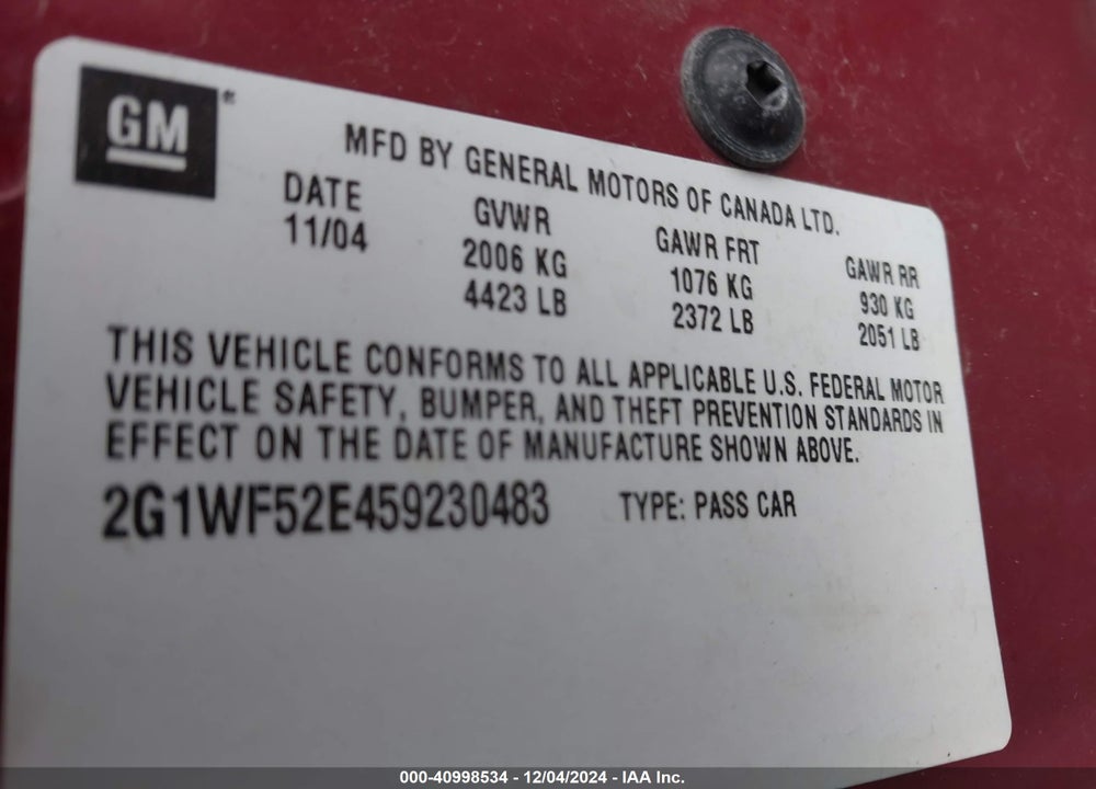 2005 CHEVROLET IMPALA VIN: 2G1WF52E459230483