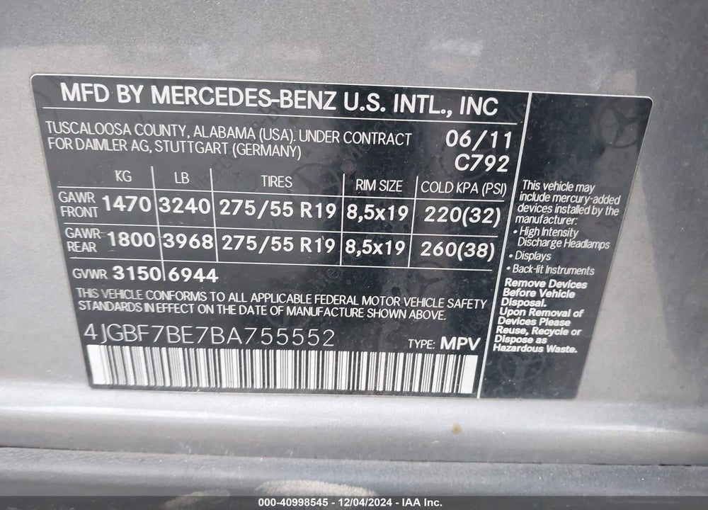 2011 MERCEDES-BENZ GL 450 4MATIC VIN: 4JGBF7BE7BA755552