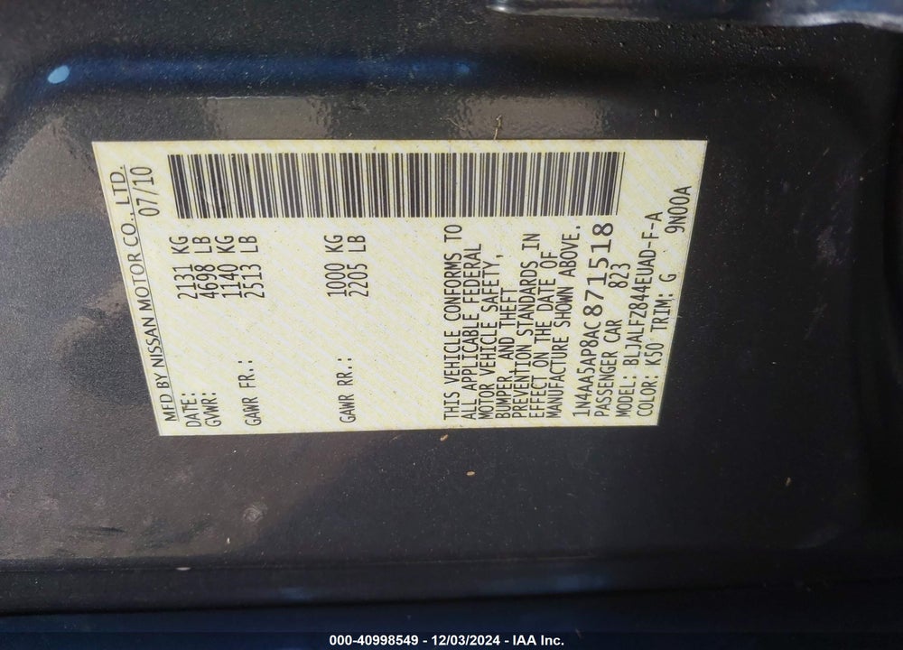 2010 NISSAN MAXIMA 3.5 SV VIN: 1N4AA5AP8AC871518