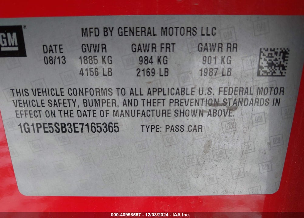 2014 CHEVROLET CRUZE VIN: 1G1PE5SB3E7165365