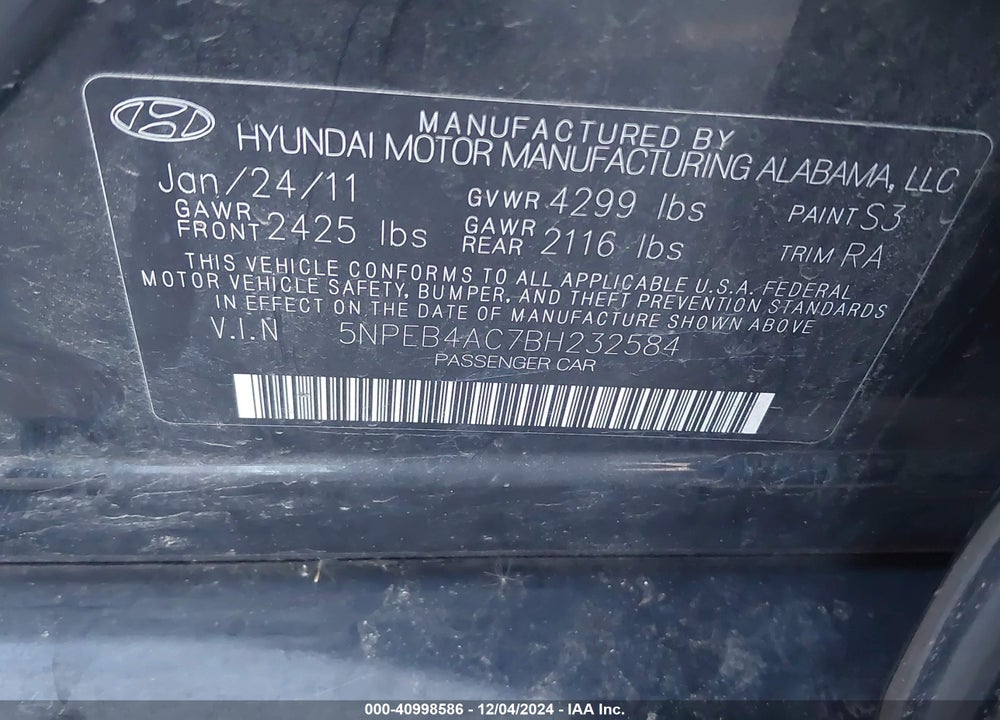 2011 HYUNDAI SONATA VIN: 5NPEB4AC7BH232584