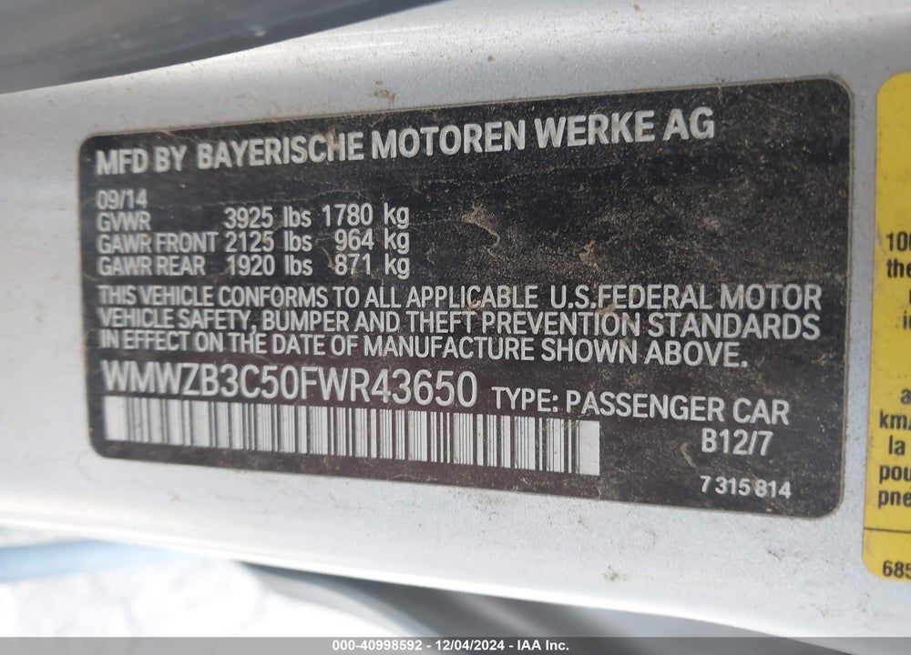 2015 MINI COUNTRYMAN COOPER VIN: WMWZB3C50FWR43650