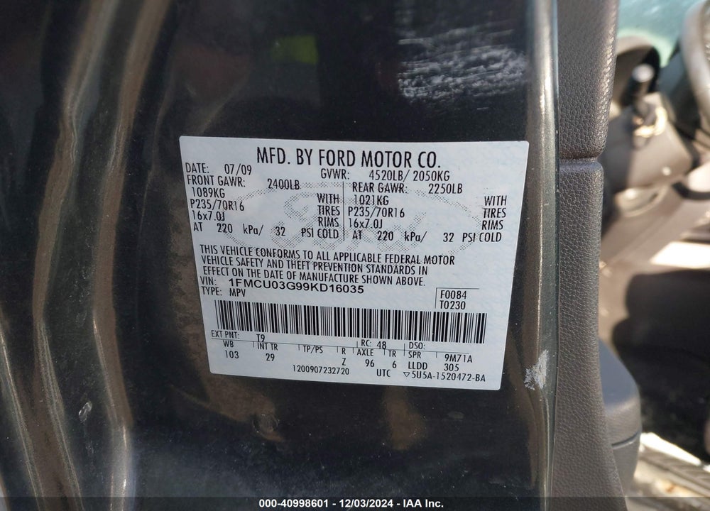2009 FORD ESCAPE XLT VIN: 1FMCU03G99KD16035