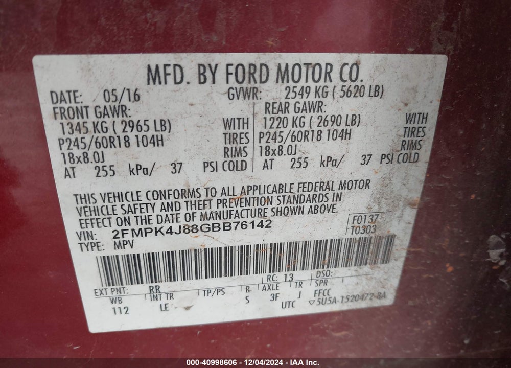 2016 FORD EDGE SEL VIN: 2FMPK4J88GBB76142