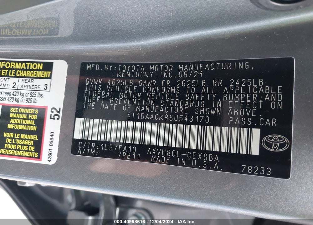 2025 TOYOTA CAMRY VIN: 4T1DAACK8SU543170