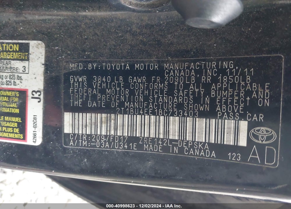 2011 TOYOTA COROLLA VIN: 2T1BU4EE1BC733403